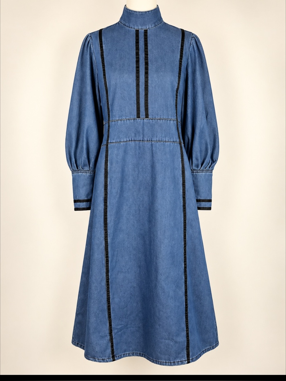 NWT ATTRIME Denim Midi Dress Puff Sleeve High Neck Black Trim Equestrian L/XL - Picture 1 of 16